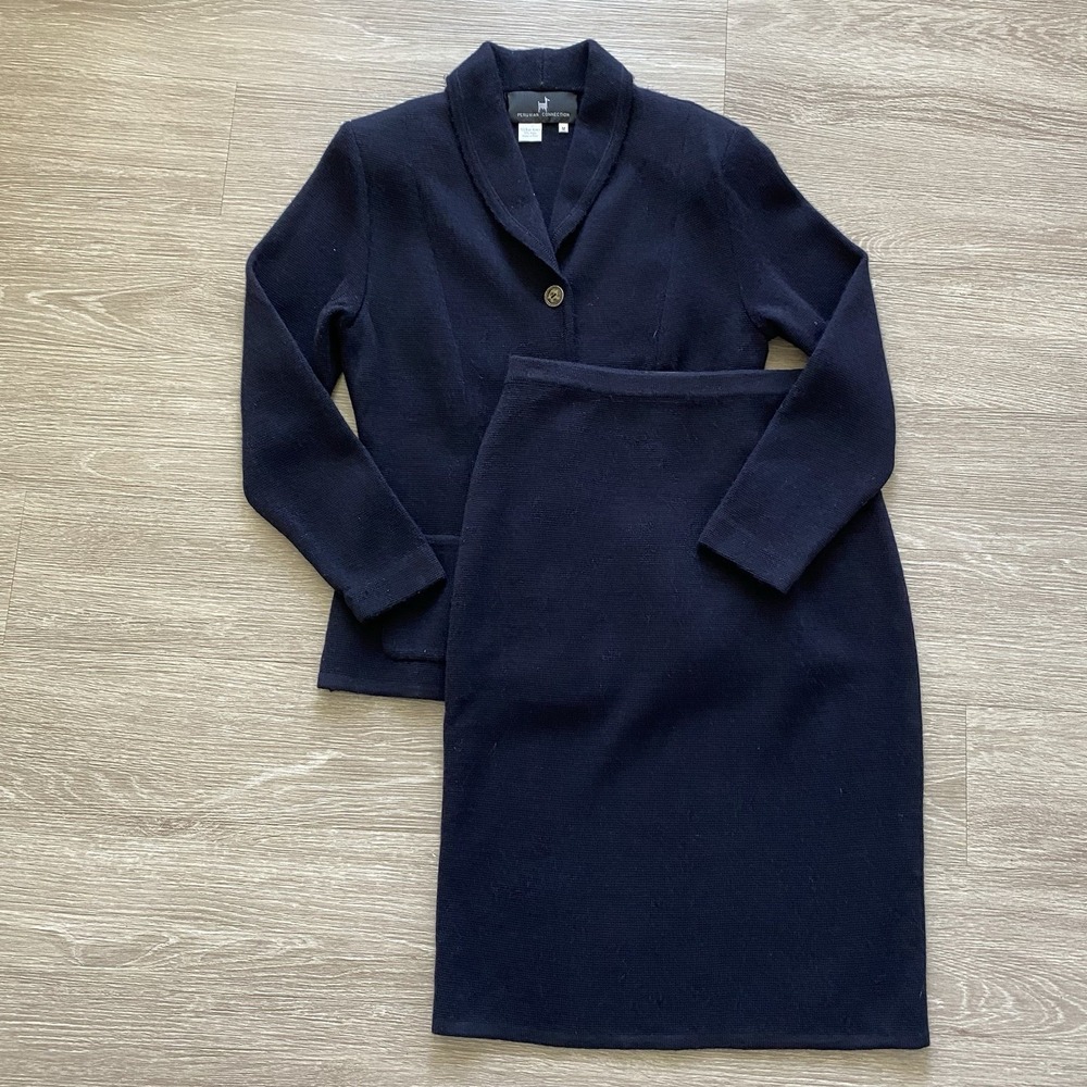 Peruvian Connection Baby Alpaca Wool Cardigan & Skirt Set Women's M Navy Blue